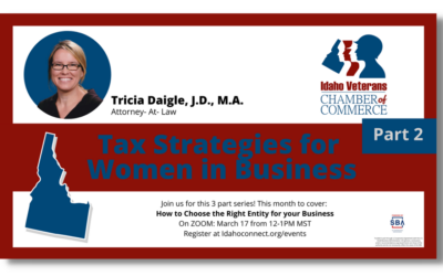 Idaho Veterans Chamber of Commerce:  Virtual Workshop: Tax Strategies for Women in Business- How to Choose the Right Entity for your Business” on March 17, Noon MT | ZOOM