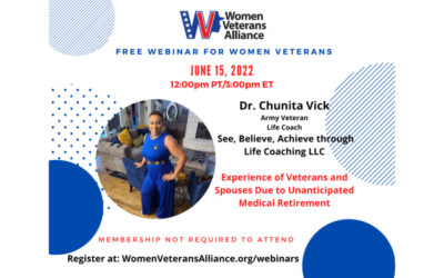 Women Veterans Alliance:   Experience of Veterans and Spouses Due to Unanticipated Medical Retirement webinar: June 15, 2022 at 3:00pm EST