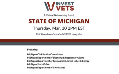 InvestVets Virtual State of Michigan Government Jobs Networking Event – March 30, 2023, at 2:00pm EST